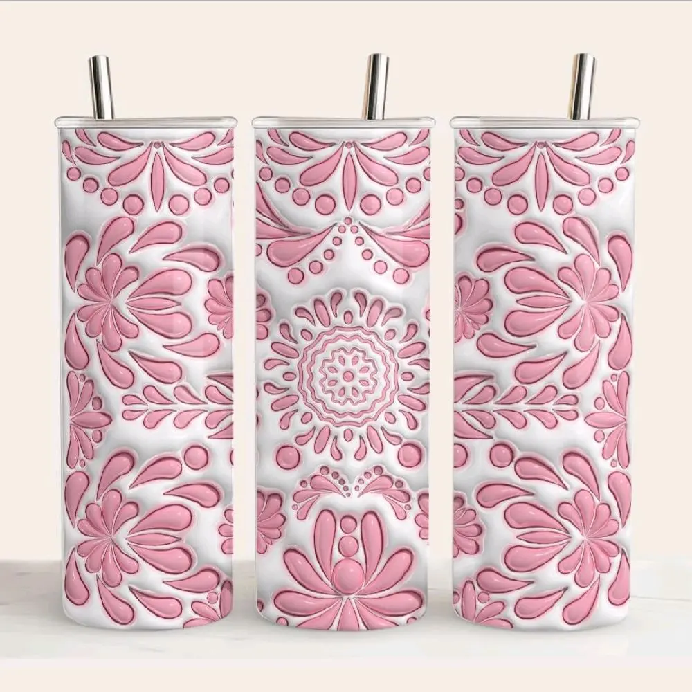 20 oz Mexican Talavera Tumbler with Pink Floral Design and Metal Straws
