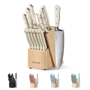 Carote 14 Pcs Knife Set with Wooden Block Stainless Steel Knives with Ergonomic Handle, Forged Kitchen