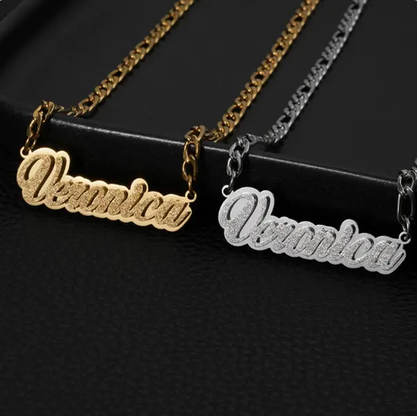 GGIRL 18k Gold-Plated Custom Personalized Double-Layer Glitter Name Necklace—Figaro Chain Name Pendant Jewelry: Minimalist, Exclusively Customized Jewelry For Mom, Your Partner, Or Your Best Friend
