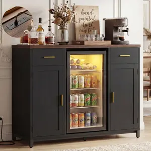 47.2" Coffee Bar Cabinet with Built-in Charging Station & Mini Fridge Space - Modern Kitchen Hub with Drawer  & Door Storage