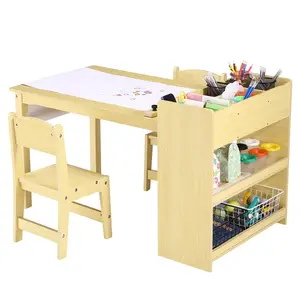 Garvee Wooden Art Table with 2 Chairs, Toddler Craft Play Desk Featuring Large Storage Shelves, Roll Paper Dispenser, and Deep Compartments for Writing, Drawing, and Activities in Playrooms, Nurseries, and Classrooms