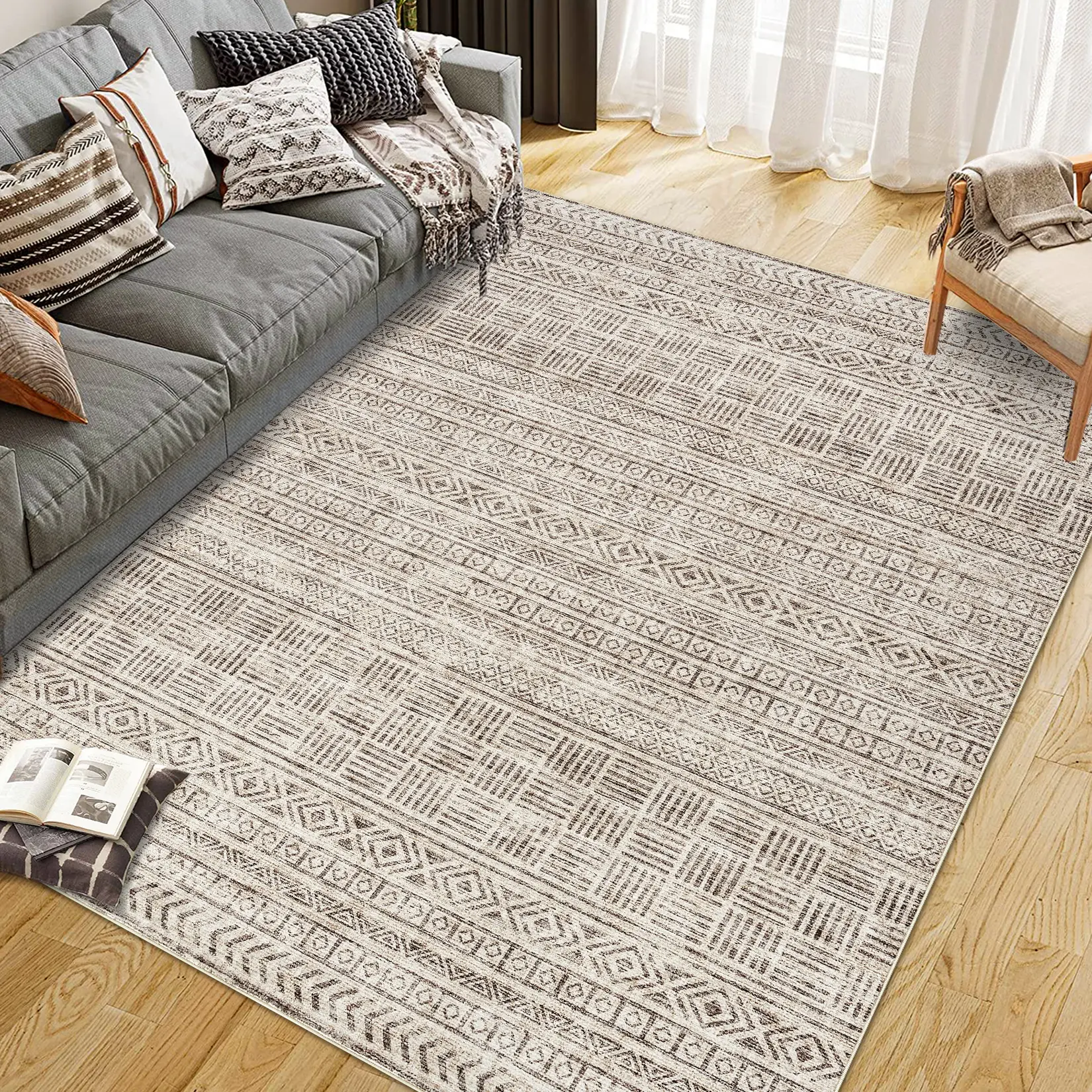 Modern Washable Low-Pile Rug with Non-Slip Backing, Ultra-Soft Low-Pile Fibers, Rich Textures, Stain-Resistant Versatile Carpet for Living Room, Bedroom, Indoor-Outdoor Use