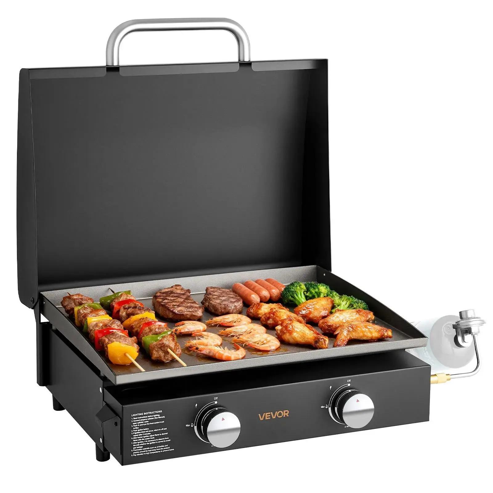 【summerfinds】VEVOR Gas Griddle, 2 Burner Tabletop Griddle, 22 inch Portable Griddles Propane with Lid, Oil Drain Hole & Oil Collection Tray, 2 x 11000BTU Camping Flat Top Grill for Outdoor Cooking, Tailgating