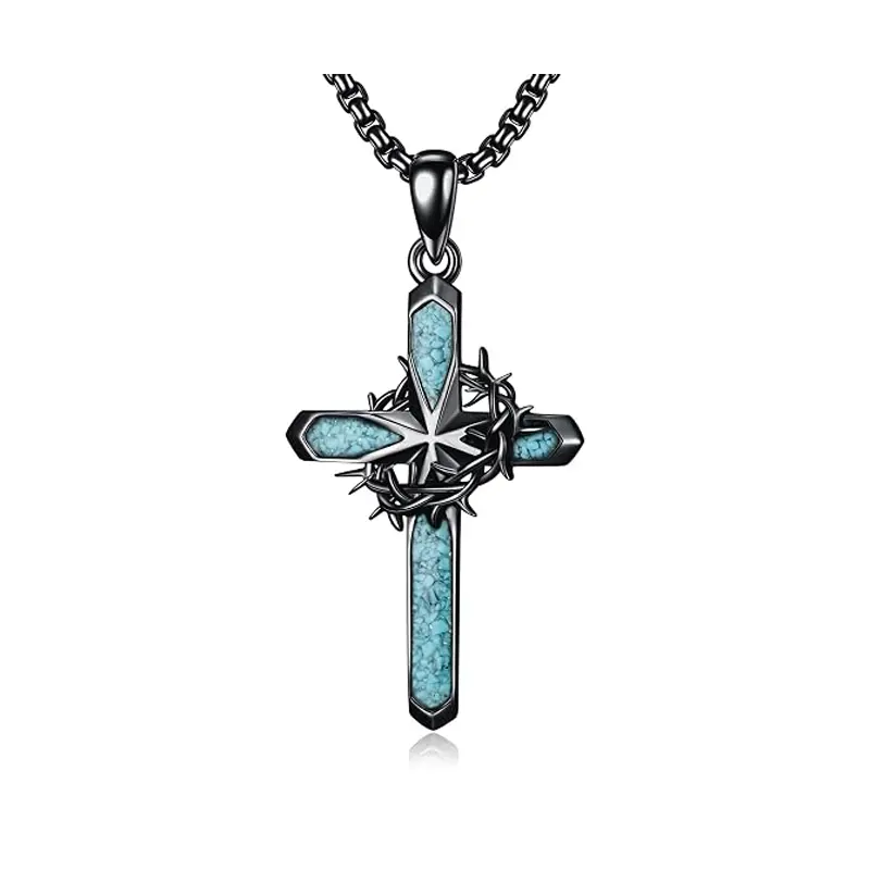 Thorn Crown Cross Necklace with Turquoise Pendant, Unisex Punk & Vintage Style Spiritual Jewelry on a 60 cm Long Metal Chain, Birthday Gift, Cross Shape, Auspicious, Crown Necklaces, Vintage Turquoise Pendant, Handmade Touch, Crucifix Necklaces