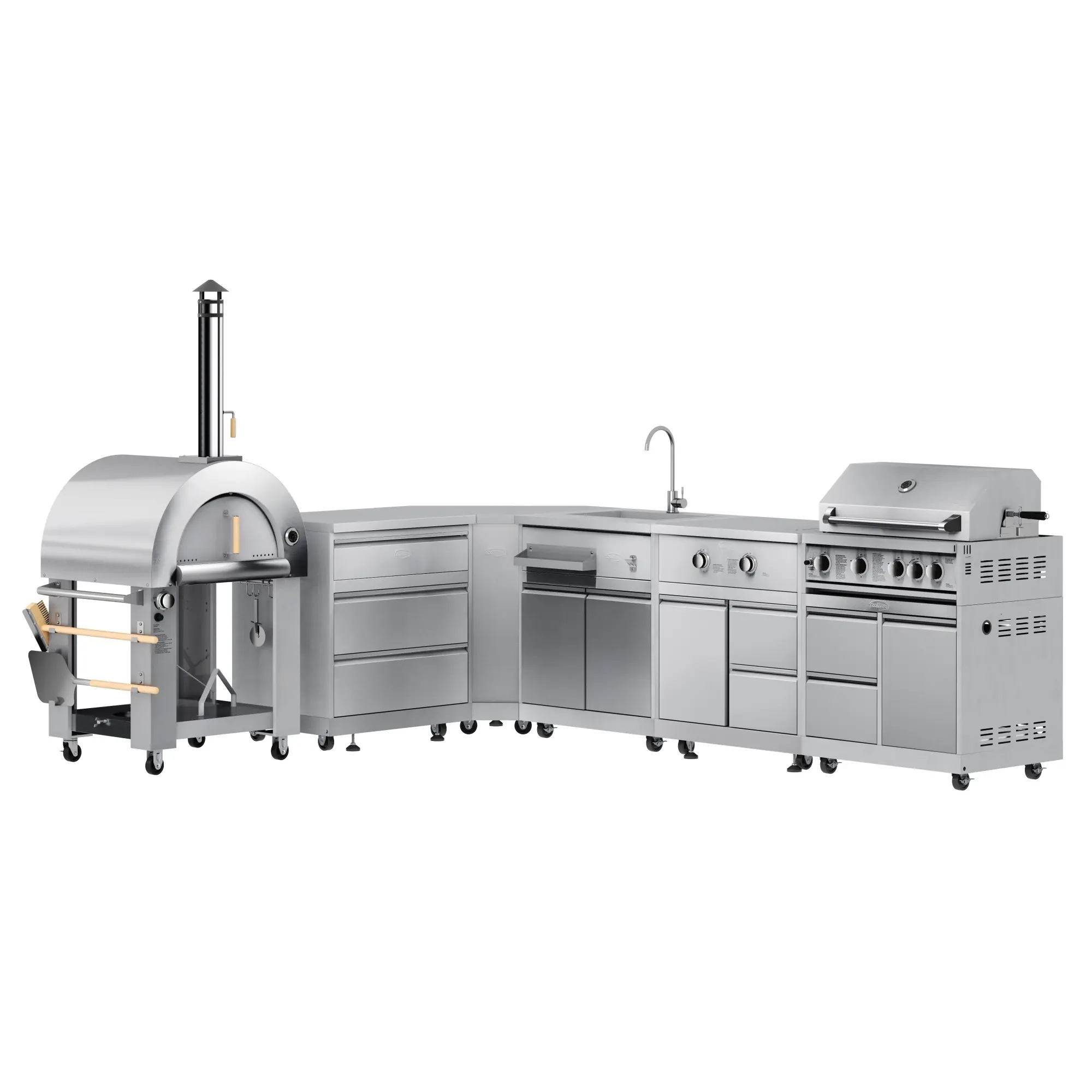 KoolMore Outdoor Kitchen Series Modular Kitchen with a Dual Fuel Pizza Oven, 3 Drawer Cabinet, Corner Cabinet, Sink, Side Burner, 30 in. BBQ Grill and Cabinet in Stainless-Steel (KM-OKSKIT-CONFIG111)