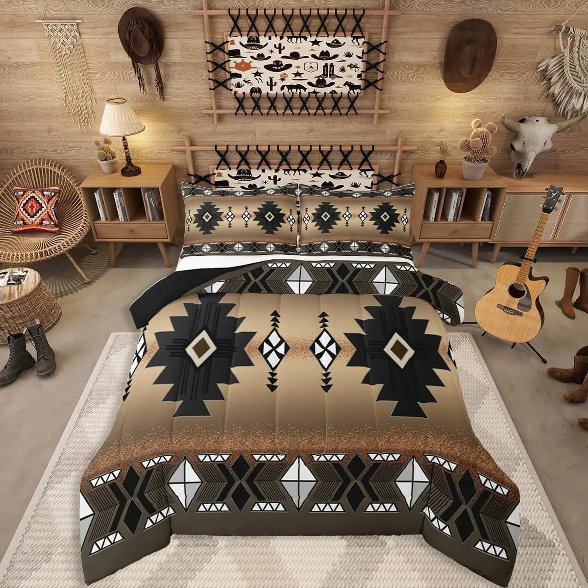 Feelyou Microfiber Bedding Set - Western Aztec Native Tribal Ethnic Printed Blanket, Skin-Friendly, Soft Light Weight, with Farmhouse Boho Geometric Quilt Cover & Durable Southwestern Duvet Insert for Boys, Light Weight Blanket