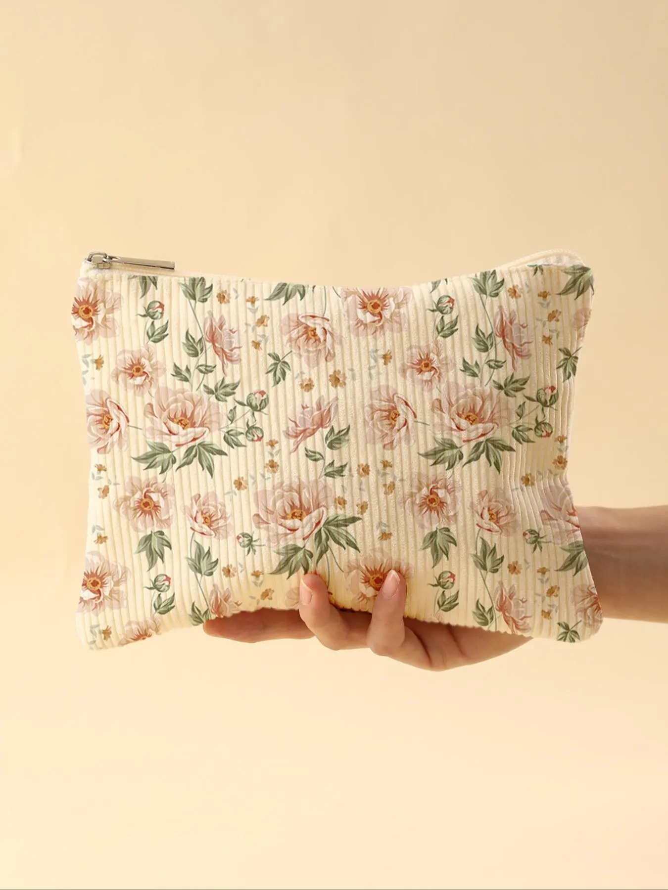 Floral Pattern Corduroy Makeup Bag, Lightweight Zipper Makeup Bag, Multifunctional Makeup Organizer for Toiletries and Accessories, Vanity Bag Organizer, Vintage Cosmetic Bag