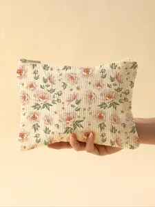 Floral Pattern Corduroy Makeup Bag, Lightweight Zipper Makeup Bag, Multifunctional Makeup Organizer for Toiletries and Accessories, Vanity Bag Organizer, Vintage Cosmetic Bag