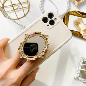 Vintage Pattern Mirror Phone Stand, Adhesive Foldable Design, Ideal for Lazy Desk Use, Round Mirror Compatible with Tablets