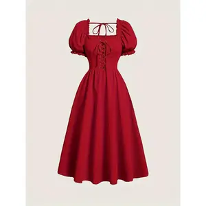 Targeted Solid Color Lace-Up Puff Sleeve Dress