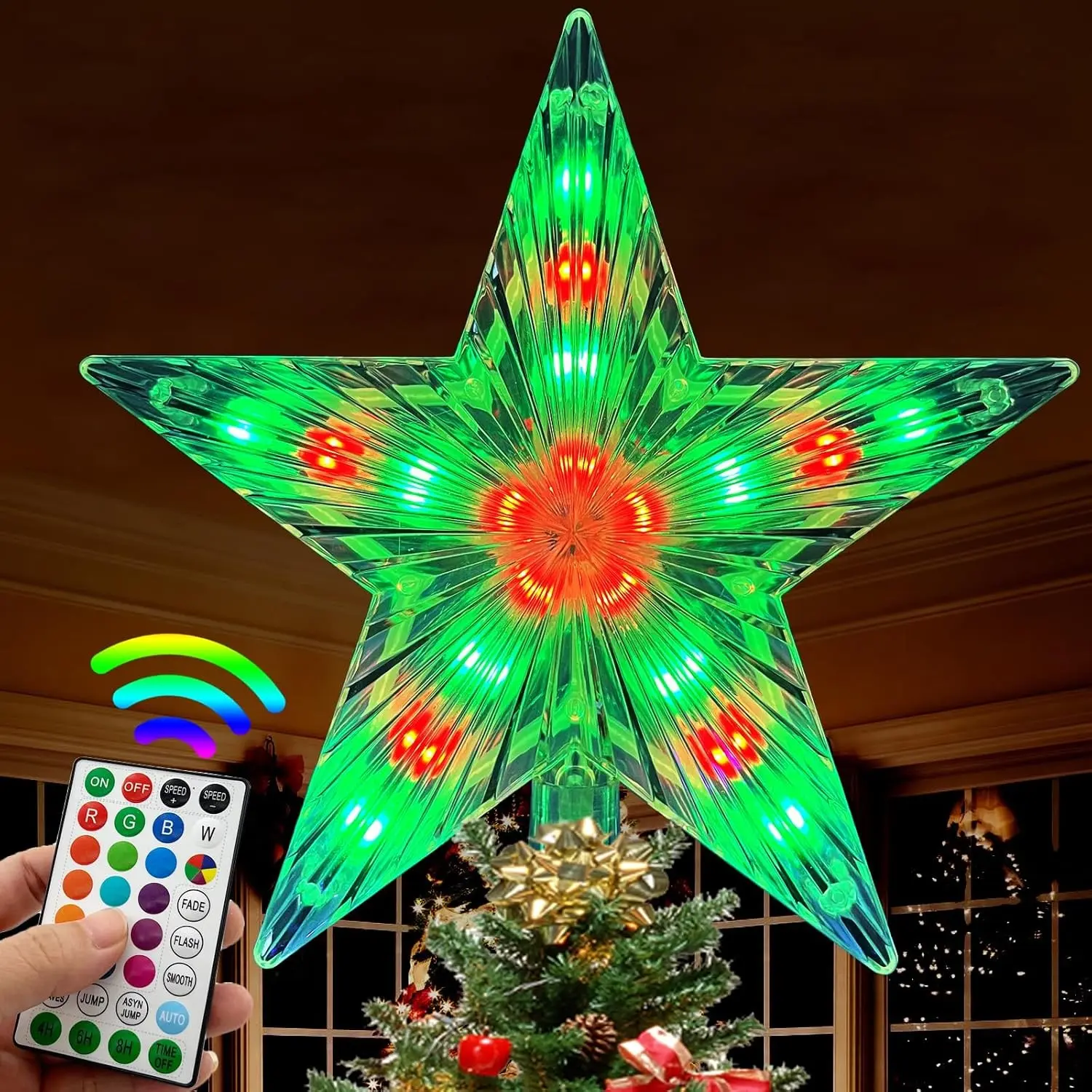 8.6in Colorful Lightweight RGB LED Christmas Tree Topper Star, 25 Light Modes, Remote Control, Speed Adjustment, Timer, 16.4Ft Wire, USB Plug-In for Xmas Holiday Party Decorations & Gifts