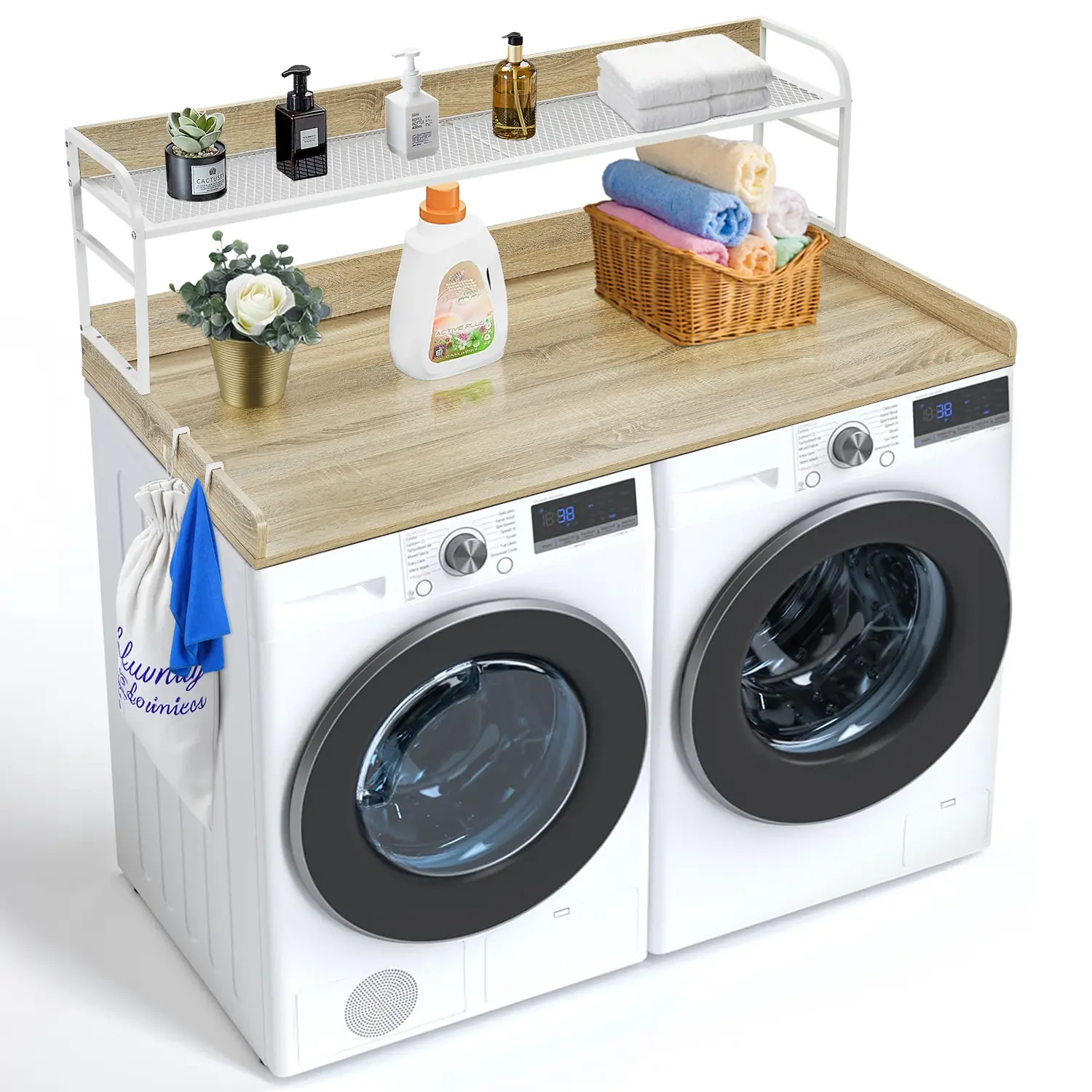 【summerfinds】VEVOR Oak Washer Dryer Countertop, 54"x27" Wooden Laundry Topper Cover with 2-Tier Storage Shelf, Anti-Slip Pads, Heat-Water Resistance, Home Decor for Laundry Room Organization & Hanging Item Workspace