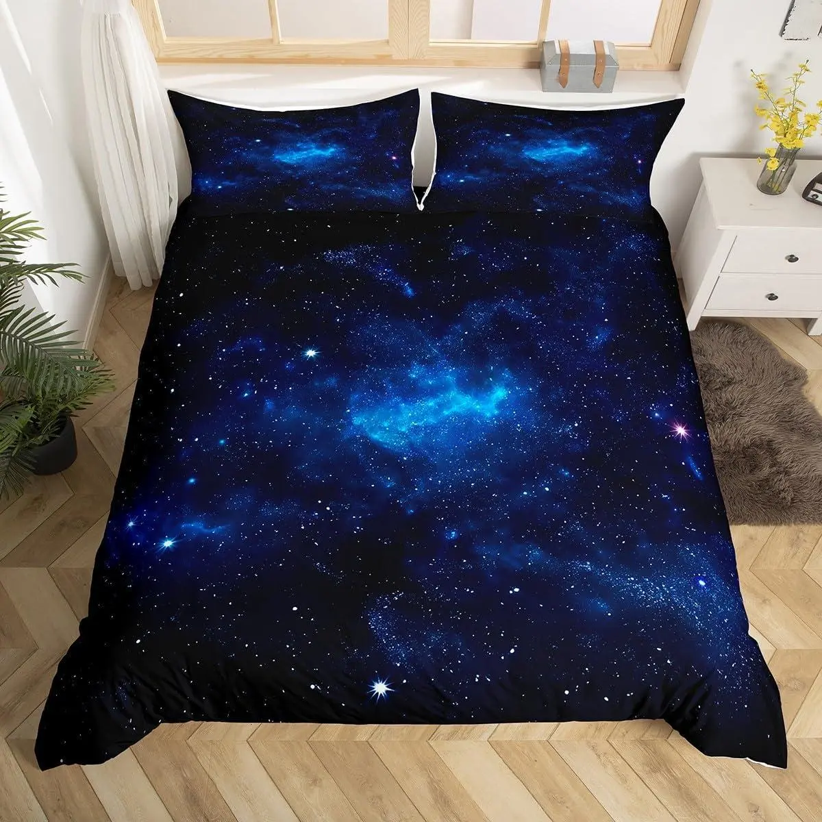 Feelyou Multi-Size Soft Microfiber Duvet Cover Set, Blue Galaxy Starry Sky Outer Space Themed Bedding with Zipper Closure for Teens’ Bedroom Decor