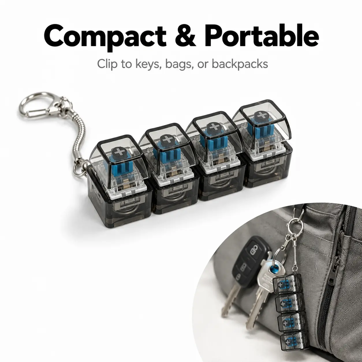 2 Pack Mechanical Keyboard Keychain Fidget Toy with LED Lights, Clicky Switch Car Interior Decoration Accessory, Stress Relief Key Ring Gadget, Transparent Keycap Charm for Auto & Backpack