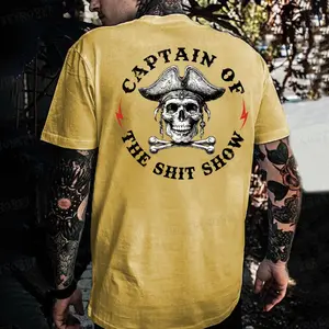 New Captain Of The Show Skull Print Men's T-shirt Fitted Short Sleeve Crew Neck Casual Rock Style Summer Pure Cotton T-Shirt USA Made