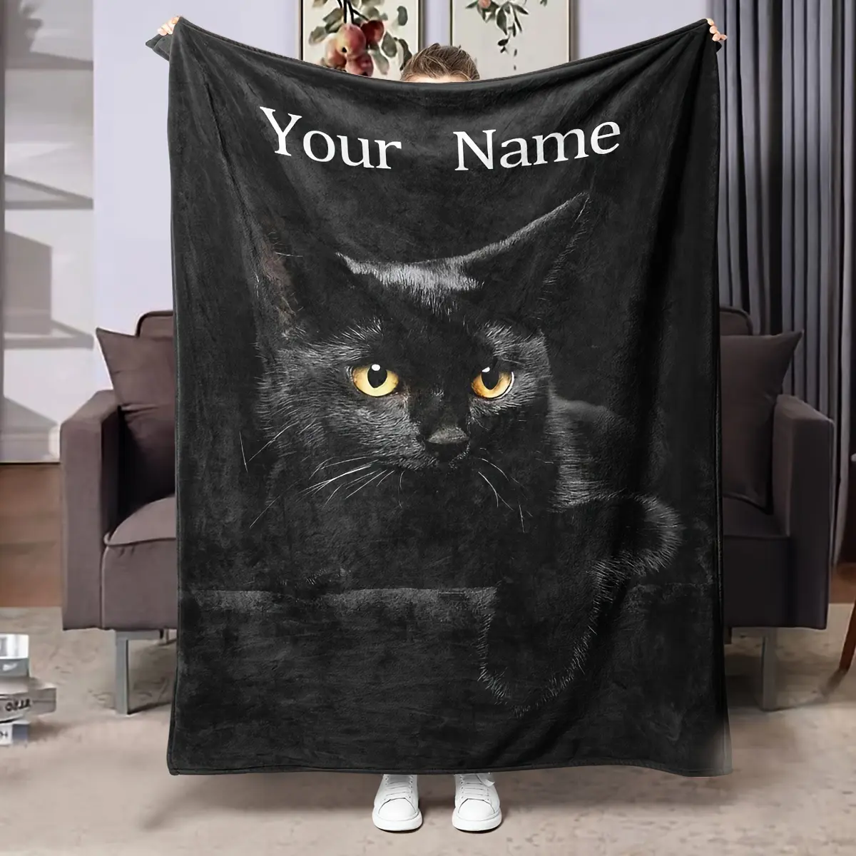 Large Black Cat Pattern Personalized Name Customized Blanket, Soft, Warm and Comfortable Nap Blanket, Suitable for Sofa, Bed, Office, Shawl, Camping and Travel, Multifunctional Cover, Perfect Halloween Gift Blanket