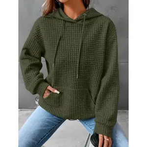 Waffle Grid Kangaroo Pocket Hoodie for Women, Long Sleeve Drawstring Sweatshirt Collar Fabric Tops Casual