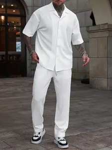 Men's Casual Two-Piece Set, Puff Grid Fabric Shirt & Drawstring Pants, Short Sleeve, All Seasons, Sporty Outdoor Wear