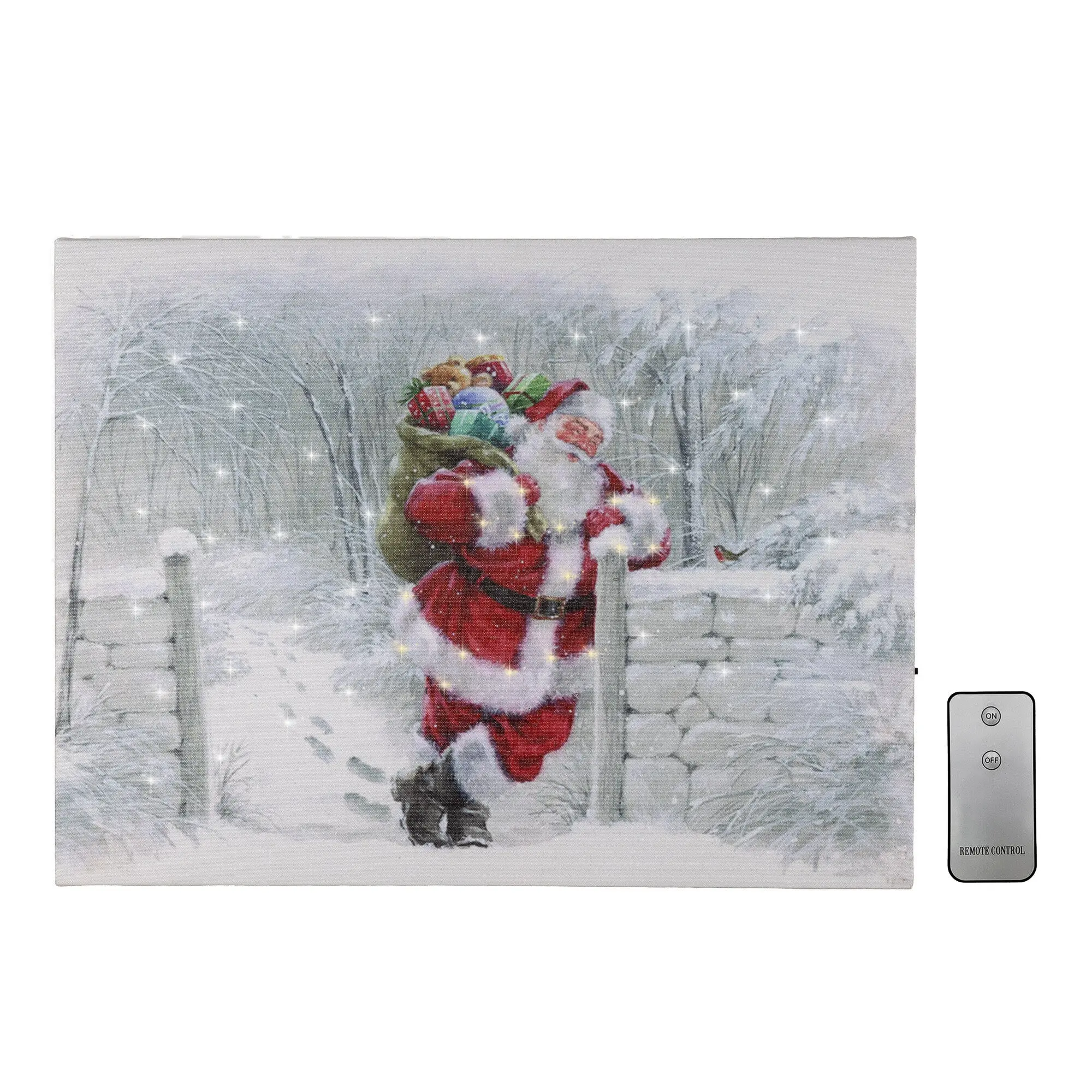 LumaBase Battery-Operated Lighted Wall Art - Snowy Santa Full-Color Printing Canvas, 40 Cool White, 20 Warm White LED Lights, Wireless Remote Control, 1 CR2025 Battery, Wall Mounting Indoor Christmas Home Decor, On & Off Switch
