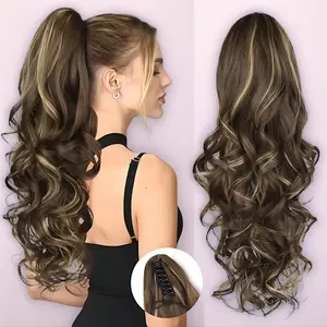 Ponytail Extension 24" Long Curly Wavy Claw Clip in Medium Blonde with Highlights Japanese Technology Synthetic Fibers for Daily Party Use jaw hairpiece