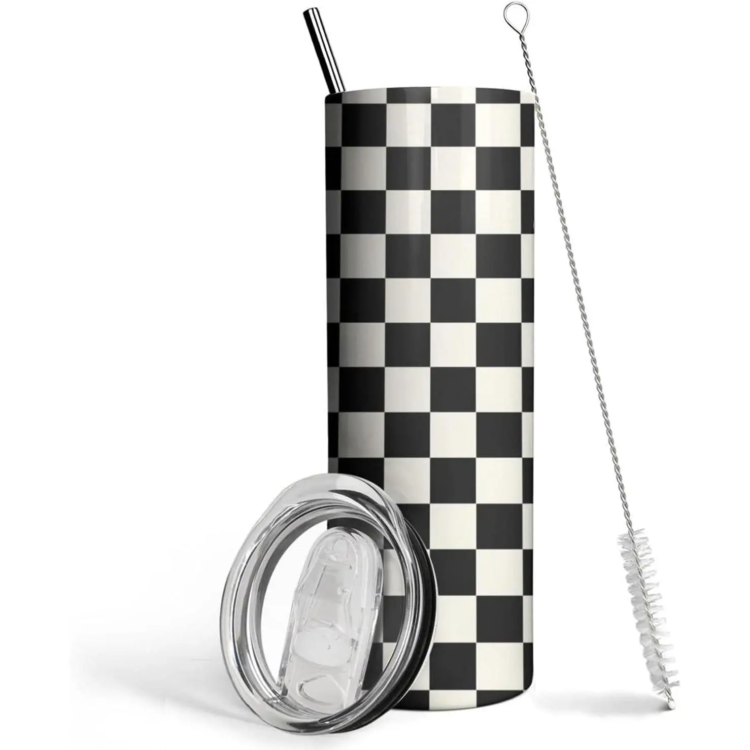 Ceovfoi 20 Oz Stainless Steel Skinny Thermal Insulated Leakproof Black and White Checkered Tumbler - With Handle, Lid, Straw, Portable Reusable Drinkware, Travel Coffee/Tea Flask, Gift for Mom (Mother's Day, Christmas, Valentine's Day, Kids' Birthday)