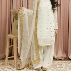 Women's Casual Farshi Shalwar, Off-White with Golden Embellishments - Womenswear Dress