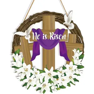 He is Risen Easter Decor, Wooden Religious Easter Wreaths for Front Door, Christian Easter Cross Flowers Sign Door Hanger for Spring Home Porch Wall Farmhouse Party Indoor Outdoor Hanging Decorations