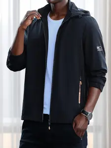 Men's Regular Fit Solid Color Pocket Drawstring Zip Up Jacket, Casual Long Sleeve Hooded Outerwear for Fall & Winter, Men's Clothes for Daily Wear