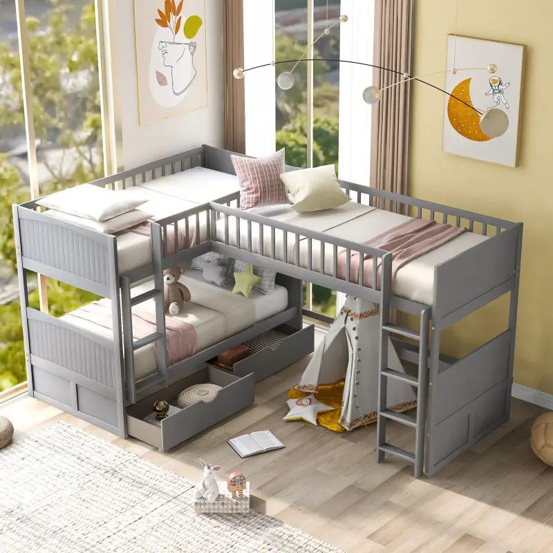 Wood Triple Bunk Bed with Drawers, L-Shaped Bunk Beds for 3, Twin Over Twin Bunk Bed with a Loft Bed Attached for Teens, Adults