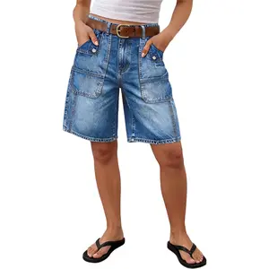 Flamingals Wash Flap Decor Stitch Detail Mid Waist Denim Bermuda Shorts Without Belt Stretchy 9.3'' Inseam
