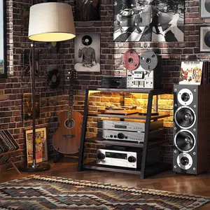 Multifunctional Media Cabinet 30Inch with Charging Station LED Lighting Adjustable Shelves for Gaming Setup Office Use Black