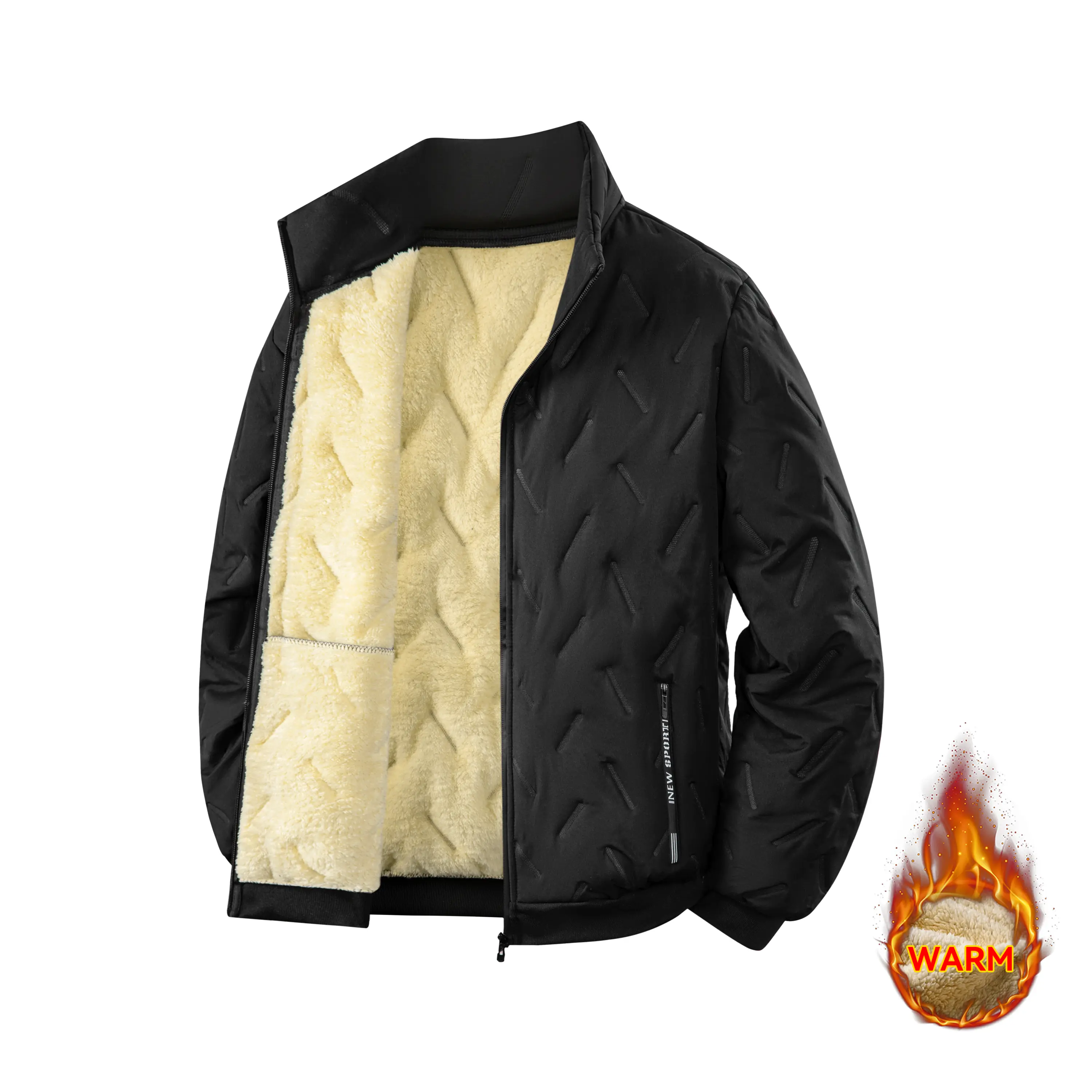 Men’s quilted jacket lined with fleece, stand collar full-zip insulated winter coat, ribbed cuffs warm casual outerwear with side pockets