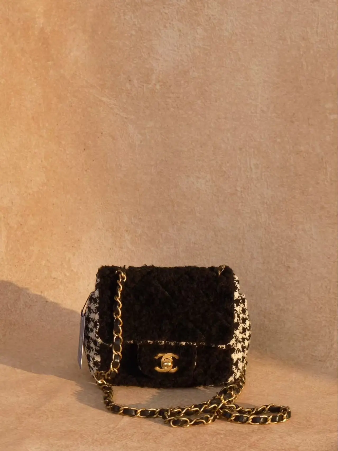 Pre-owned CHANEL Black/White Tweed and Shearling Chain Square Mini Flap Bag, Leather Shoulder Crossbody Bag, Shoulder Bags, Crossbody Bags