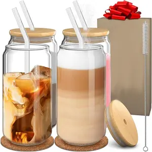 Glass Cups with Lids and Straws (18oz, Set of 4) Iced Coffee Cup, Ice Coffee Bar Accessories | Aesthetic Home Essentials New Apartment Housewarming Gift Drinkware
