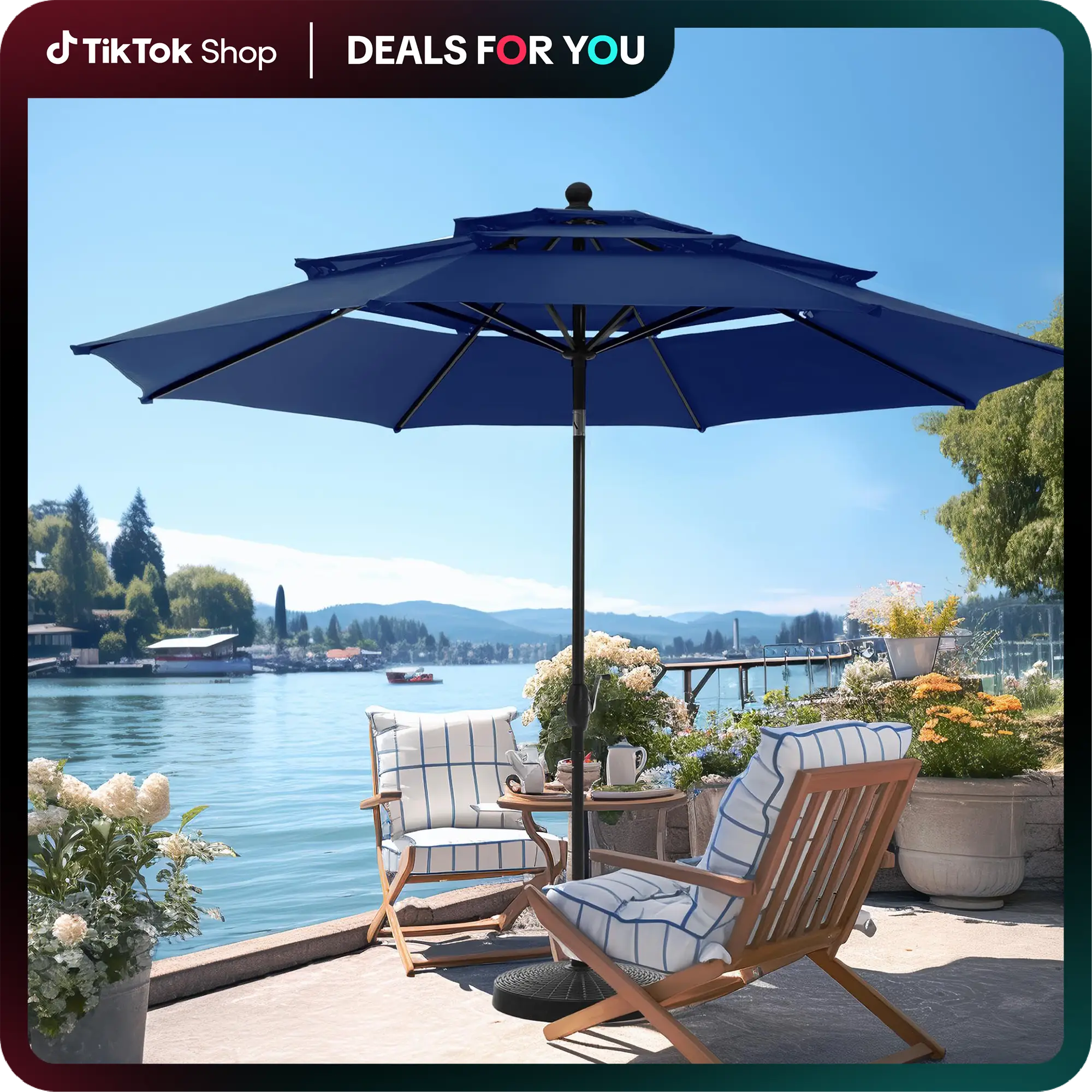 PHI VILLA 10 ft Outdoor Umbrella with 1.5" Umbrella Pole, 8 Sturdy Ribs, Triple Vented Top, 100% Polyester Fabric, Auto-Tilt Design Springtok Patio Lo