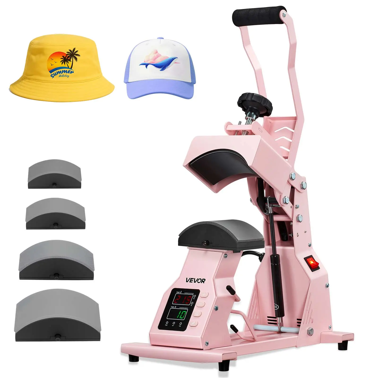 【Backtoschool】VEVOR Multi-Size Hat Heat Press Machine with 4 Interchangeable Platens, Precise Temperature & Time Control, Stable Non-Slip Base for HTV Iron-On, Sublimation Projects, Beginners, Pink Home Iron, Heat Transfer
