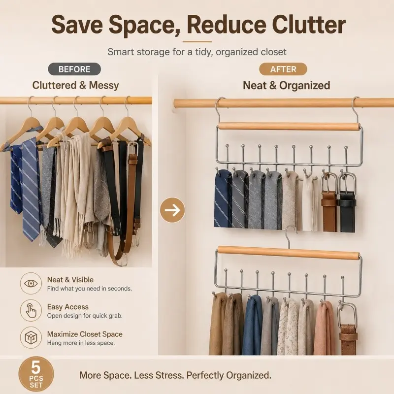 3-Piece Multi-Hook Wardrobe Hanger, Tie Scarf Shawl Storage Rack, Wooden Handle Metal Hook Hat Storage Rack, Belt Hanger, Wardrobe Organizer, Multi-Hook Hanger, Wooden Handle Hanger, Closet Storage DM043