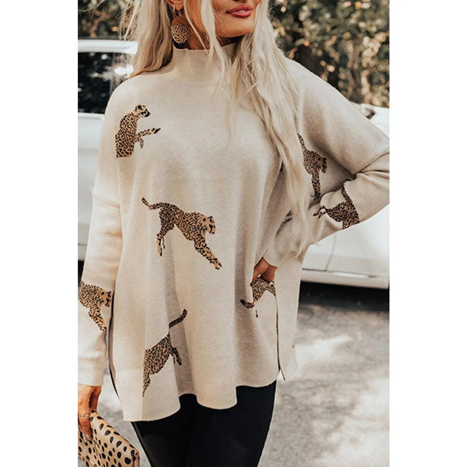 Parchment Lively Cheetah Print High Neck Split Hem Sweater
