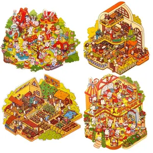 4 Sets DIY 3D Mini Rabbit House Scene Stickers， Make Your Own Lawn Party Farm Magic World Sticker Scenes Cute Micro Room Stickers for Relief Stress Pass The Time，Ship From China