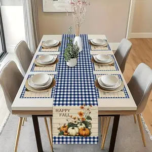 7-Piece Table Runner & Placemat Set, Autumn Pumpkin Pattern Kitchen Linen, Holiday Home Decor Indoor Outdoor Dining Table Decoration