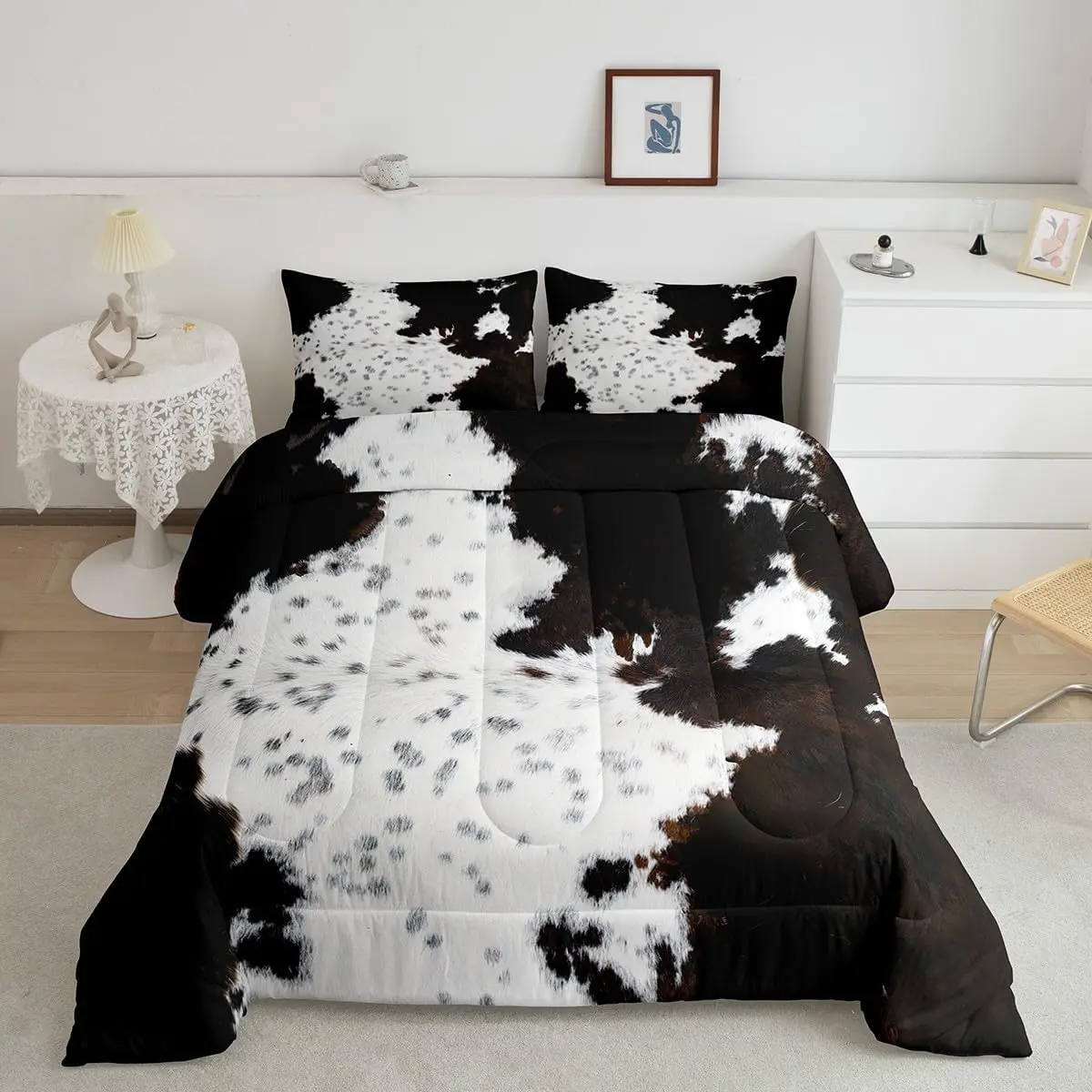 Cow Fur Comforter Set White Black Brown Cowhide Bedding Set Animal Skin Print Quilt Set Farmhouse Cow Print Duvet Set