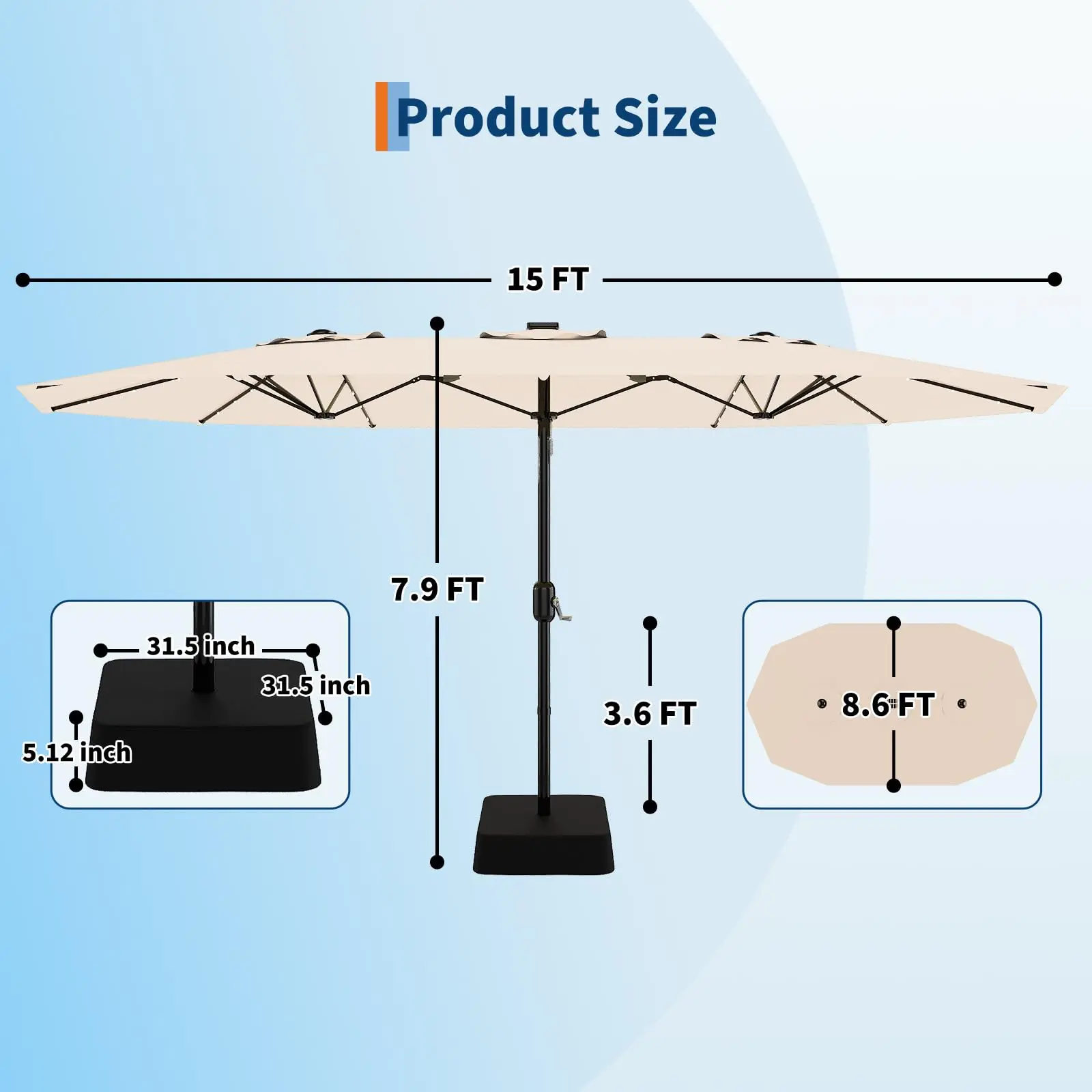 Garvee Solar LED Lights Umbrella 10' / 15' Large Patio Umbrella, with 36 LED Lights & Crank for Patio Garden Pool Lawn Backyard,Outdoor Double-Sided Rectangle Umbrella  Base Included
