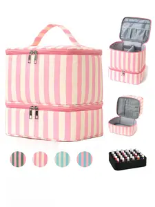 Pink Beige Striped Double-Layer Makeup Bag, Portable Nail Polish Organizer Case with Handle, Large Capacity Cosmetic Storage Box for Travel, Nail Tech & Daily Use, Multiple Colors Available