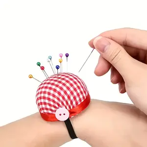 Cute bright pink plaid wrist pillow - 1 wearable quilting needle holder for sewing supplies