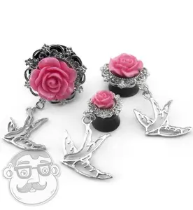 Pink Rosebud & Swallow Dangle Plugs