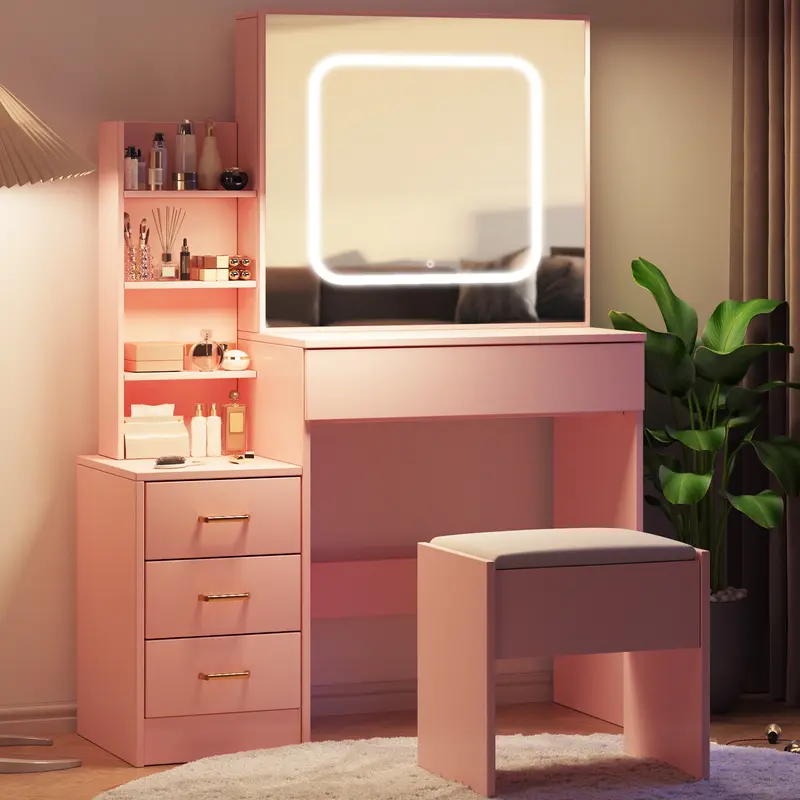 chinese dress ladies VECELO Vanity Desk with LED Lighted Mirror and Power Outlet main image 1