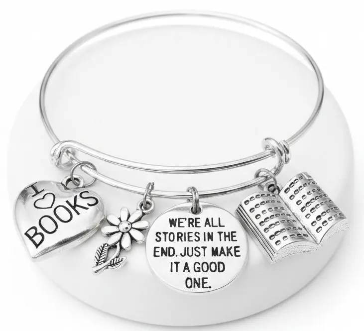 I Love Books Charm Bangle Bracelet – Book Lover Gift, Personalized Silver Expandable Bangle
