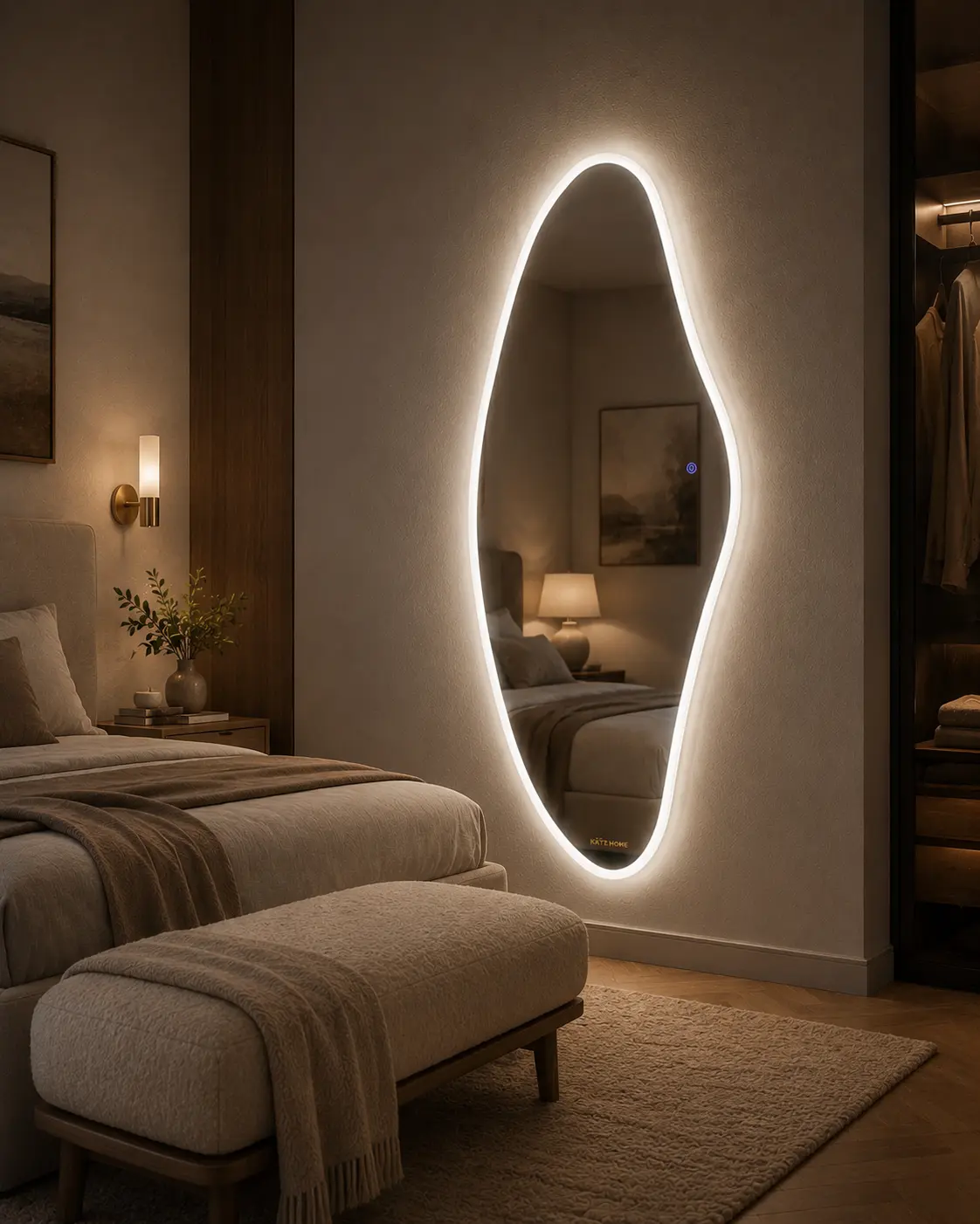 Irregular Full Length Mirror – Tempered Glass Shatterproof LED Dressing Mirror, Cloud Wave Wall Mounted Mirror for Bedroom, Closet & Living Room