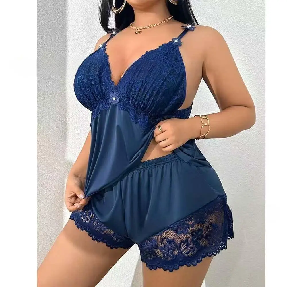 Lace Trim Camisole & Shorts Pajama Set, Plus Size Women's Lace Sleepwear