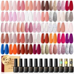 ROSALIND Clear Nude Pink Gel Nail Polish Set with Base Coat and Glossy/Matt Top Coat Nail Gel 45 Colorful Set for Nail Art Salon Beauty Nail Supplies French Easy to Apply